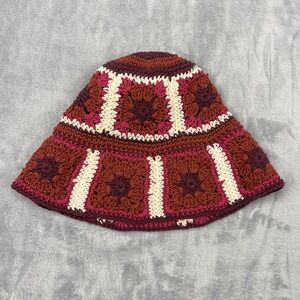 Lucky Brand Crochet Bucket Hat Womens Red Pink Multicolor Boho Festival Retro